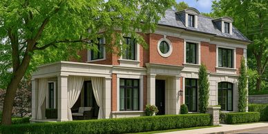 Luxury traditional-style Toronto home with red brick facade and limestone accents 