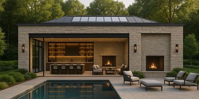 Modern luxury poolside cabana with outdoor lounge, bar and double fireplaces surrounded by greenery