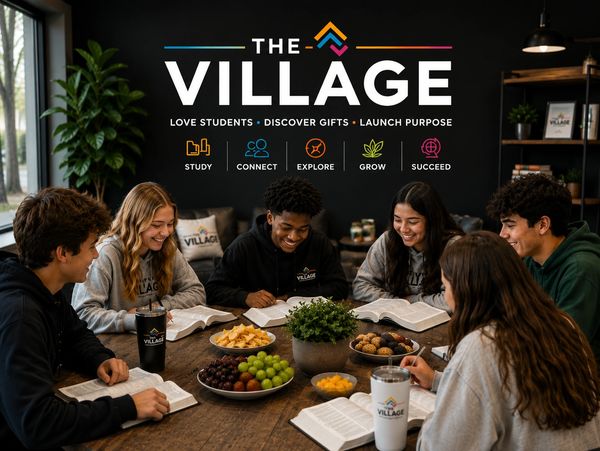 Students studying together at The Village with snacks and books.