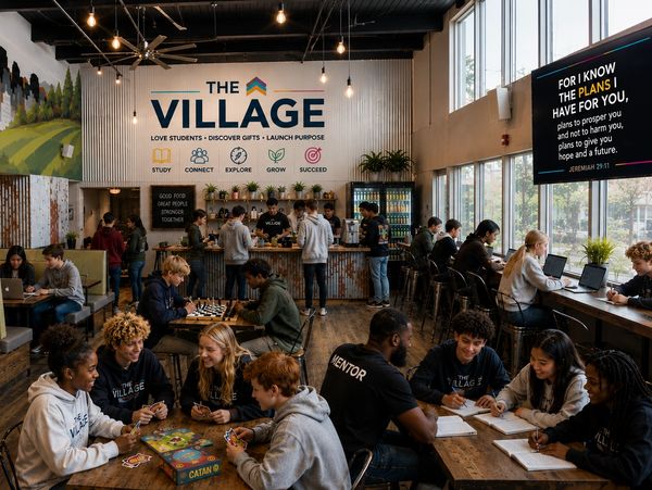 Students studying, playing games, and socializing in a vibrant community space called The Village.