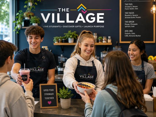 Young staff serving food with smiles at The Village café counter.