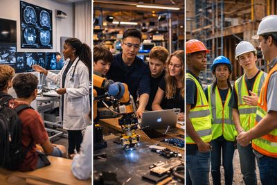 Three scenes showing education and teamwork in medicine, robotics, and construction.
