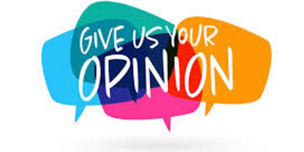 Colorful speech bubbles with the text 'Give Us Your Opinion'.
