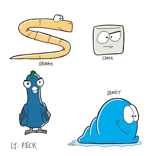 Cartoon characters: a Worm, a Marshmellow, a bird, and a blue slime.
