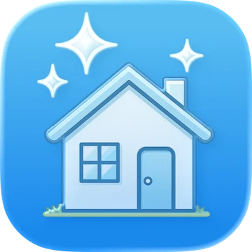Clean and sparkling house icon on blue background.