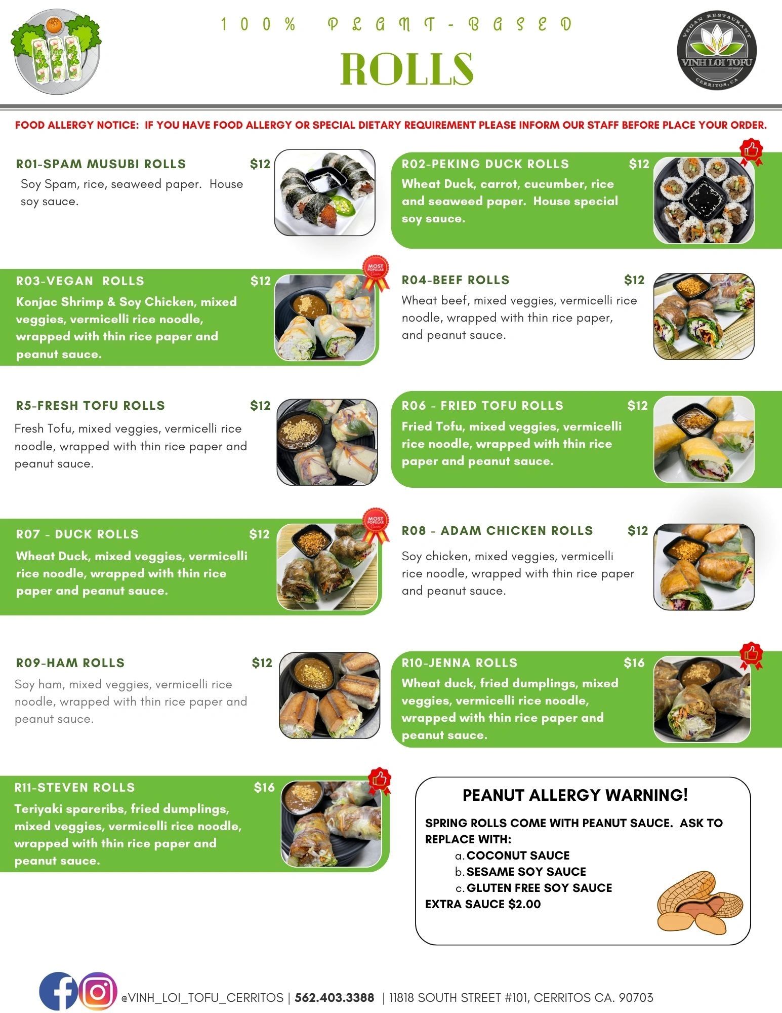 Menu of 100% plant-based rolls with various fillings and peanut sauce options.