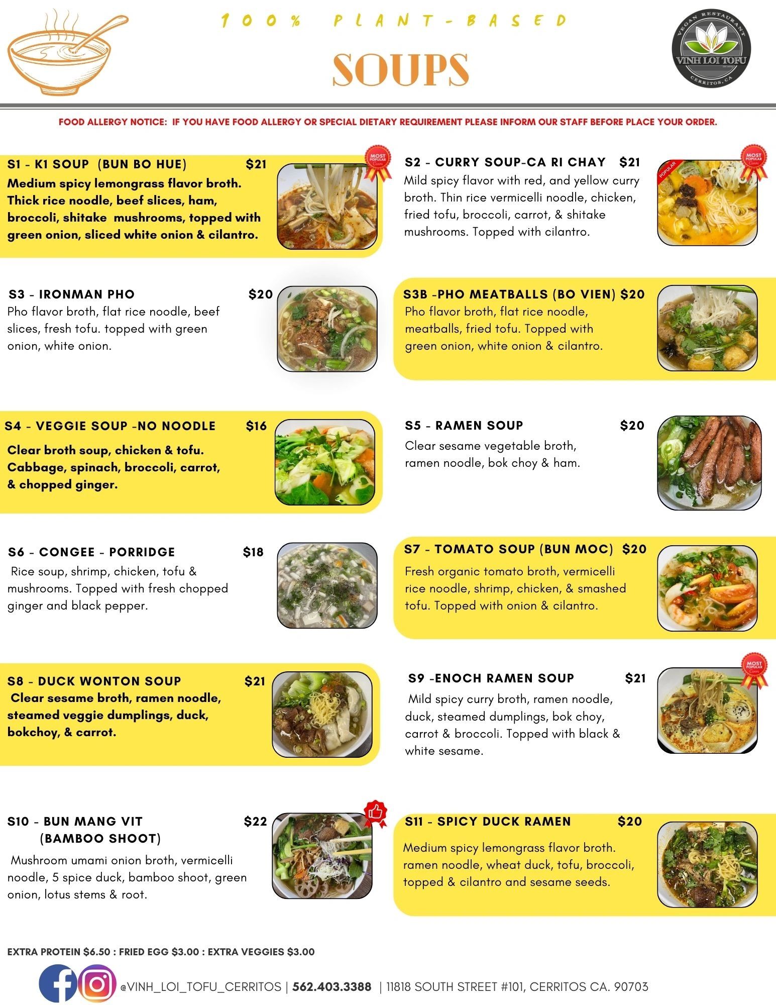 Menu of 100% plant-based soups with detailed ingredients and prices.