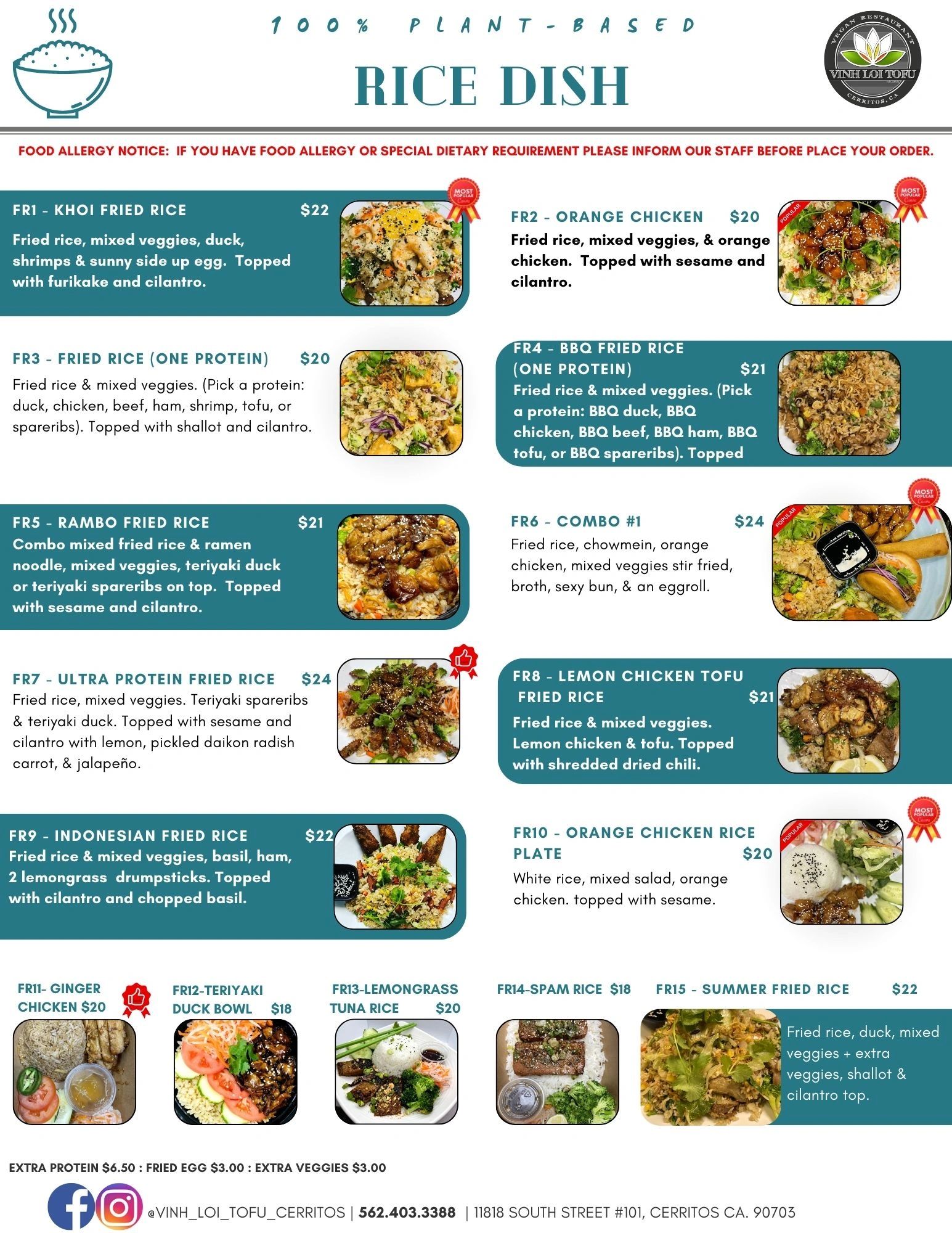 Plant-based rice dishes with various protein options and toppings at Vinh Loi Tofu.