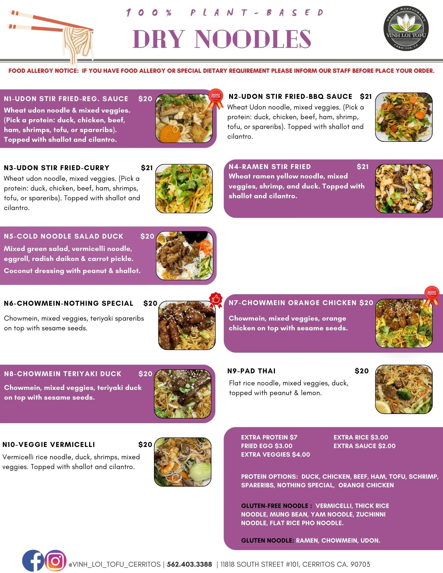 Menu of 100% plant-based dry noodles with various protein options and prices.