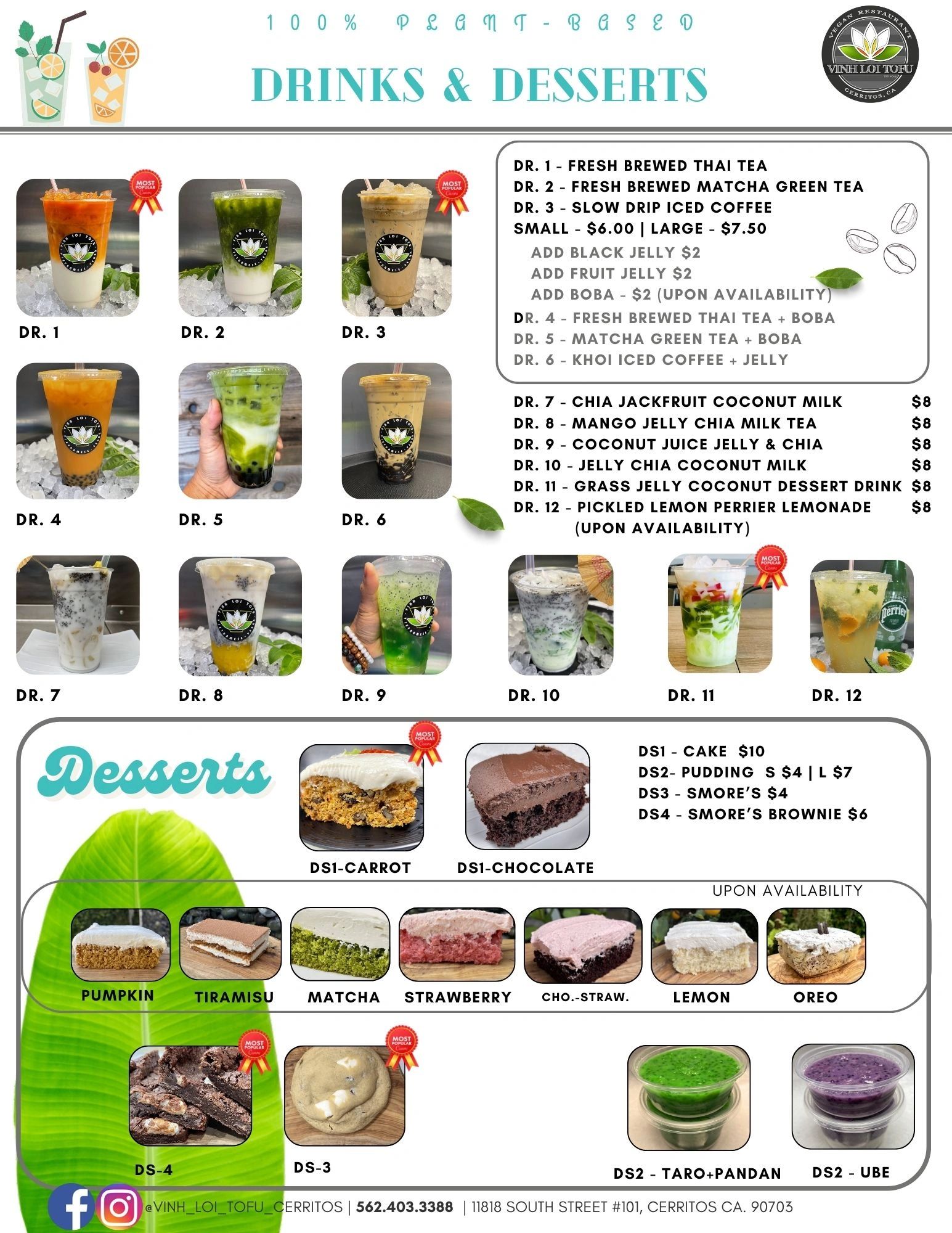 Vegan plant-based drinks and desserts menu with photos and prices from Vinh Loi Tofu.