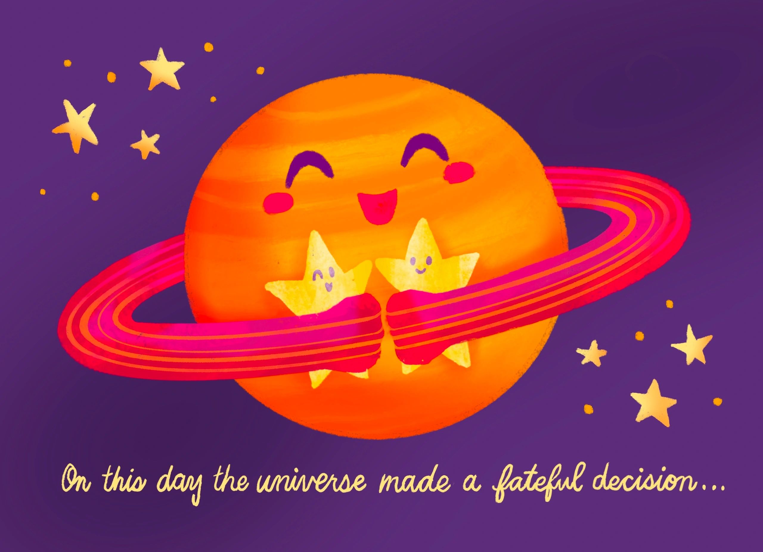 Happy planet with rings hugging two smiling stars under a purple sky.