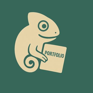 Mijn logo (een kameleon) met een portfolio mapje in zijn rechterpoot.