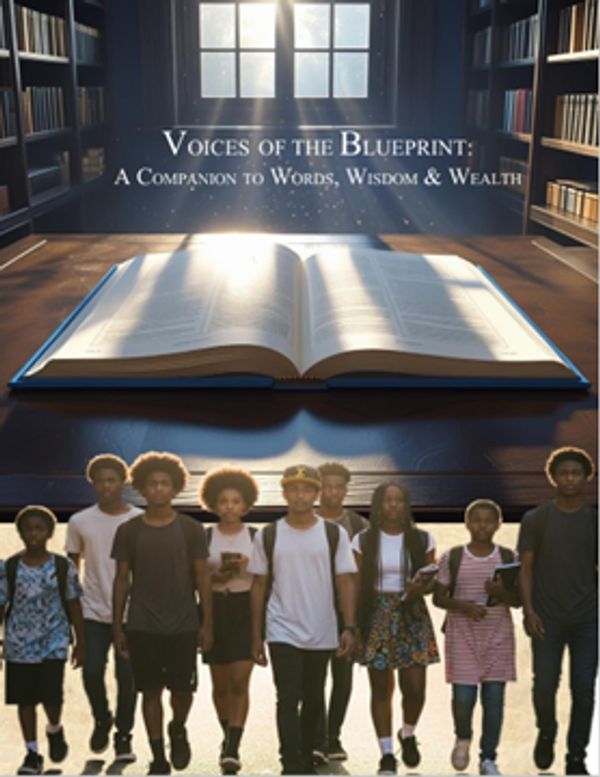Group of diverse young people in front of an open book in a library setting.