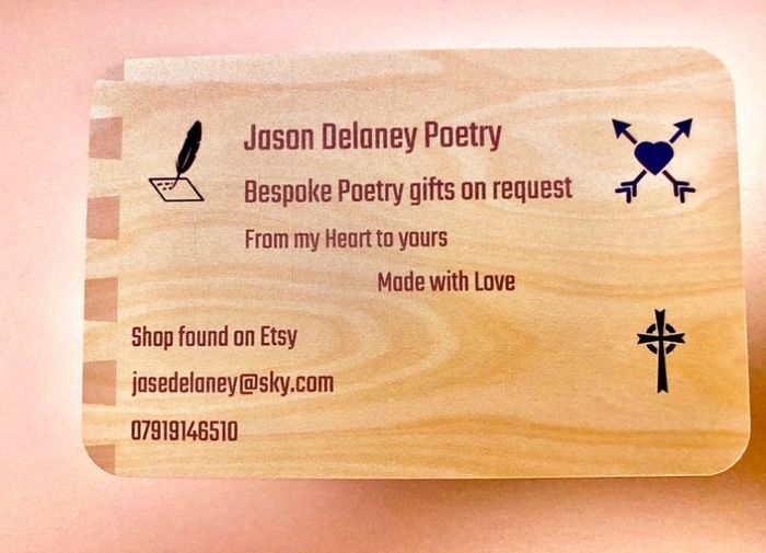 Business card describing Jason Delaney Poetry services and books of poetry