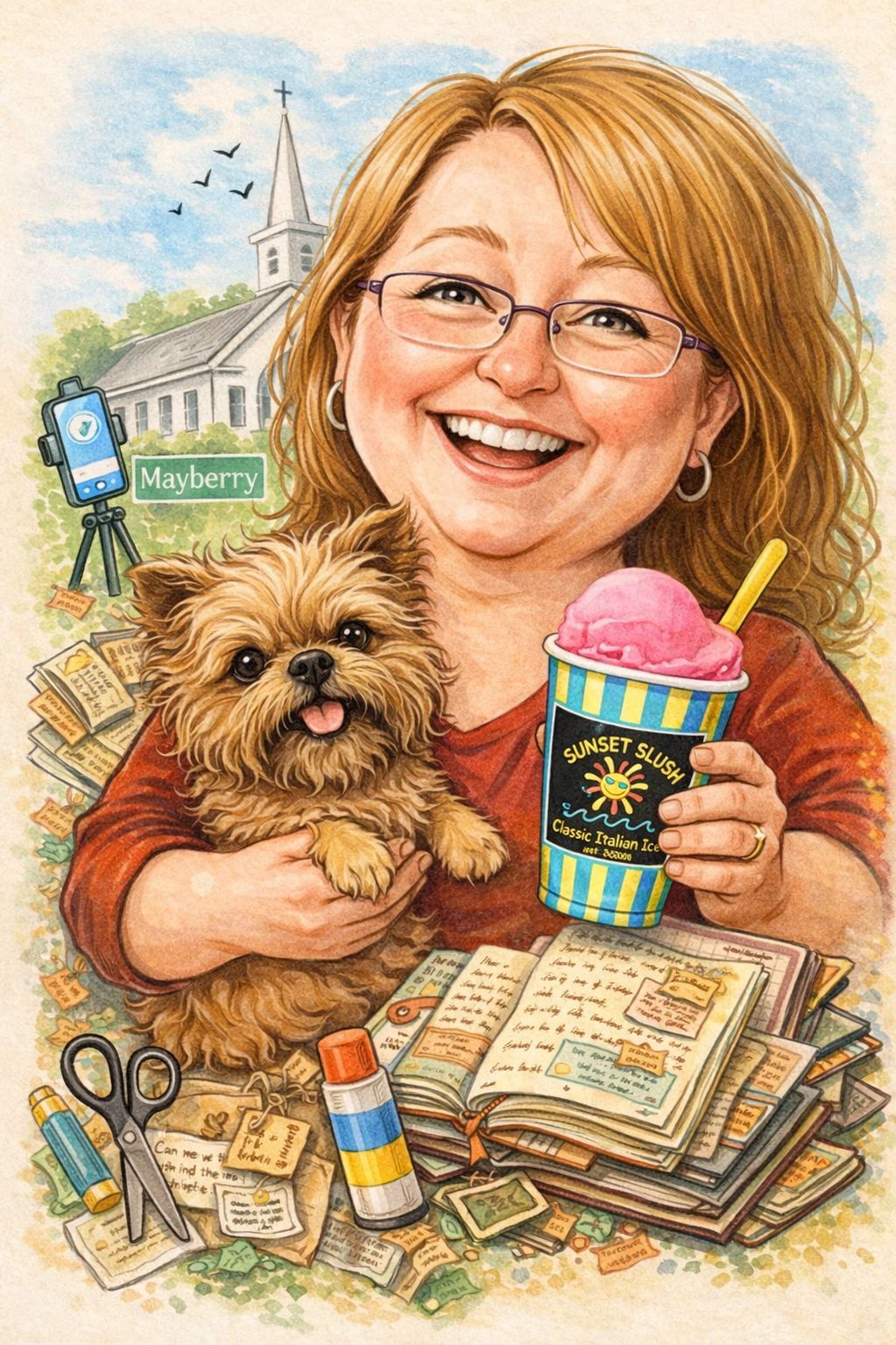 A cheerful woman holding a dog and a pink ice cream cup, surrounded by books and craft supplies.