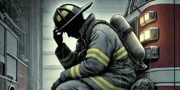 A firefighter sits in deep thought, helmet in hand, against a fire truck.