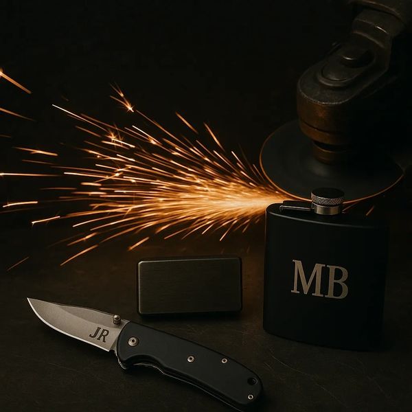 Knife, flask, and sparks from a grinder in a dark setting.
