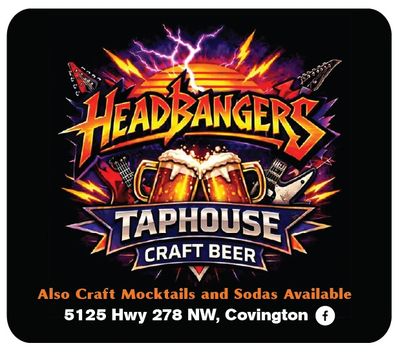 Logo for Headbangers Taphouse featuring craft beer and location details.