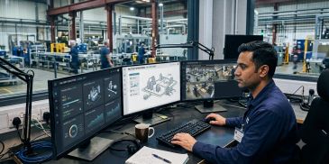 Man monitoring vehicle data on multiple screens in a factory.