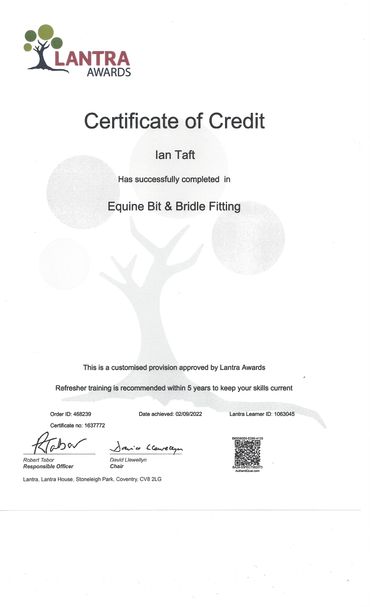 Lantra Awards Certificate of Credit for Equine Bit & Bridle Fitting