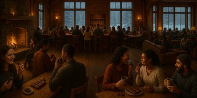 A warm, panoramic view inside a rustic mountain lodge of people savoring chocolate and conversation.