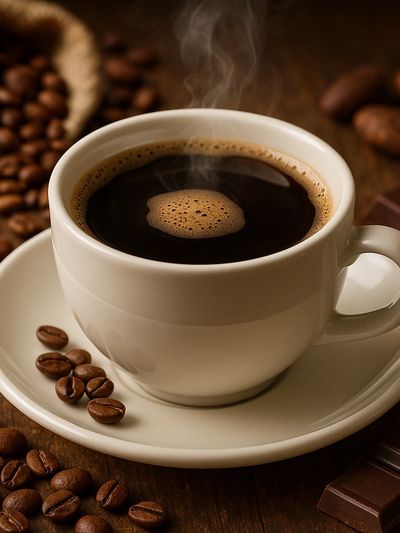 Cup of black coffee with steam rising
