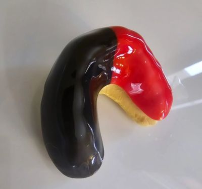 A kidney-shaped object with glossy black and red halves on a white surface.