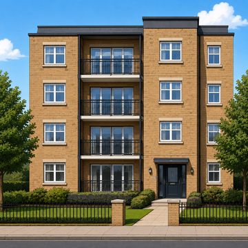Modern four-story apartment building with balconies and a fenced front yard.