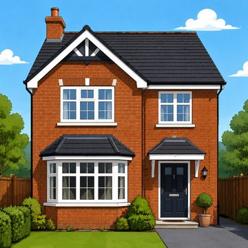 Two-story brick house with black roof and white window frames under blue sky.