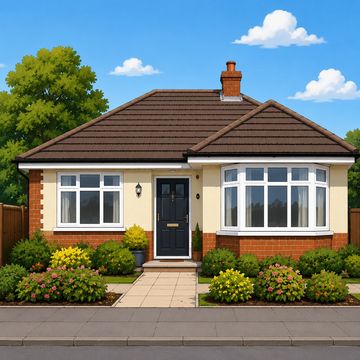 A single-story house with brick and cream walls, black front door, and neatly trimmed garden.