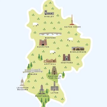 Illustrated map of Bedfordshire with key towns and landmarks.