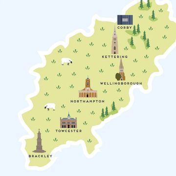 Illustrated map of Northamptonshire with landmarks and towns.