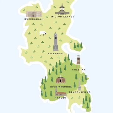 Illustrated map of Buckinghamshire towns with landmarks and greenery.