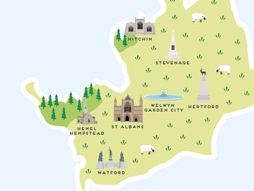 Illustrated map showing towns and landmarks in Hertfordshire, England.