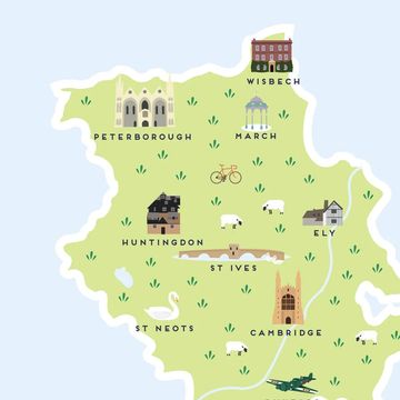 Illustrated map of Cambridgeshire with landmarks and towns.