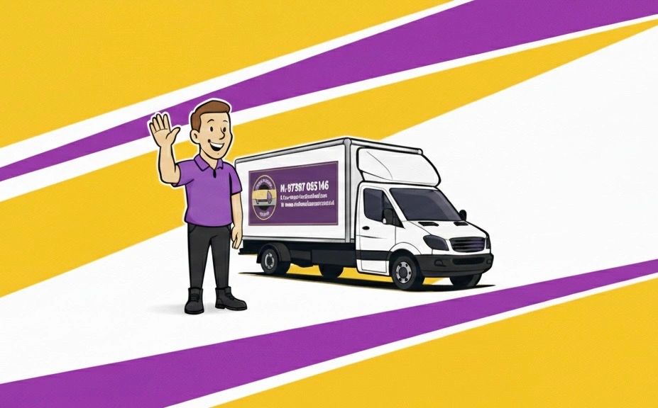 Cartoon man waving next to a delivery truck with purple and yellow stripes.