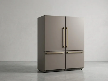 Modern four-door refrigerator with sleek brass handles.