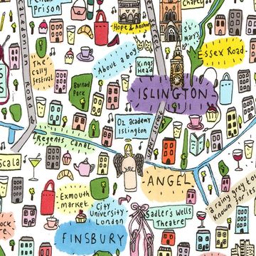 Colorful hand-drawn map highlighting Islington and surrounding areas in London.