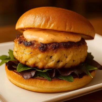 Crab and shrimp cake sandwich on toasted brioche bun with mixed greens and remoulade