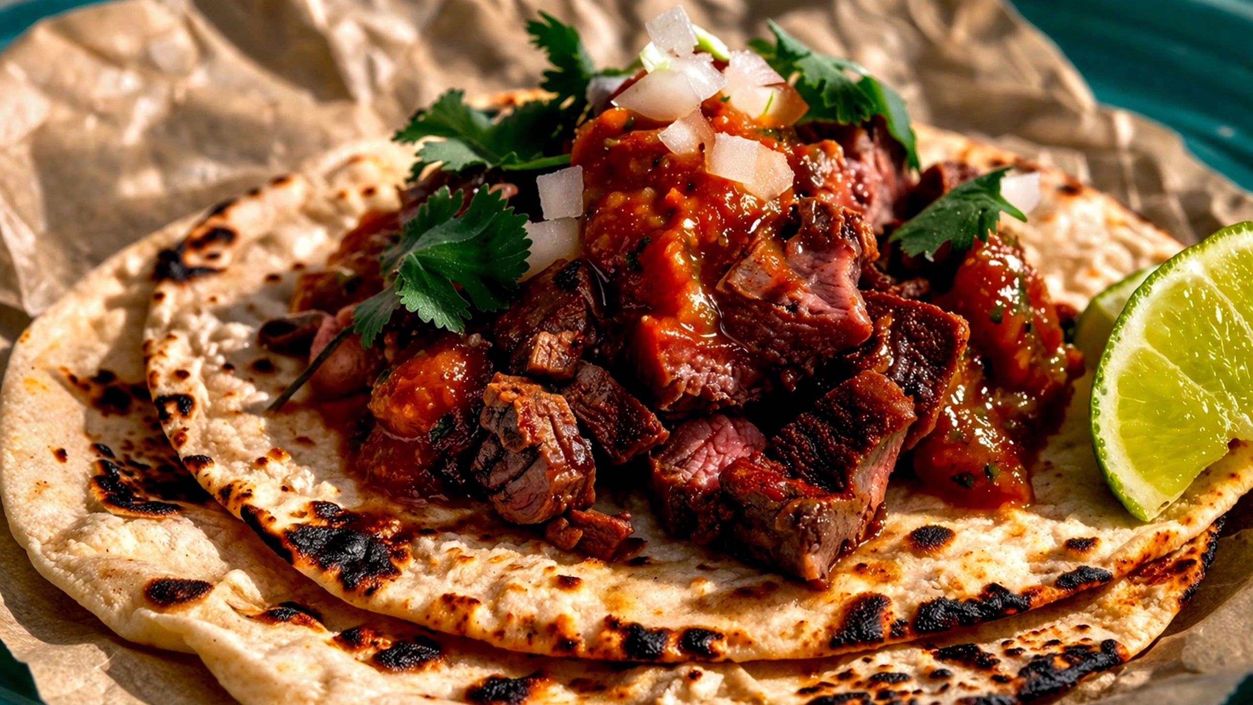 Grilled carne asada tacos on charred tortillas with fire-roasted salsa, diced onion, cilantro, and l