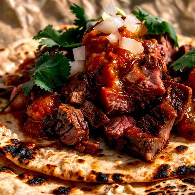 Grilled carne asada tacos on charred tortillas with fire-roasted salsa, diced onion, cilantro, and l