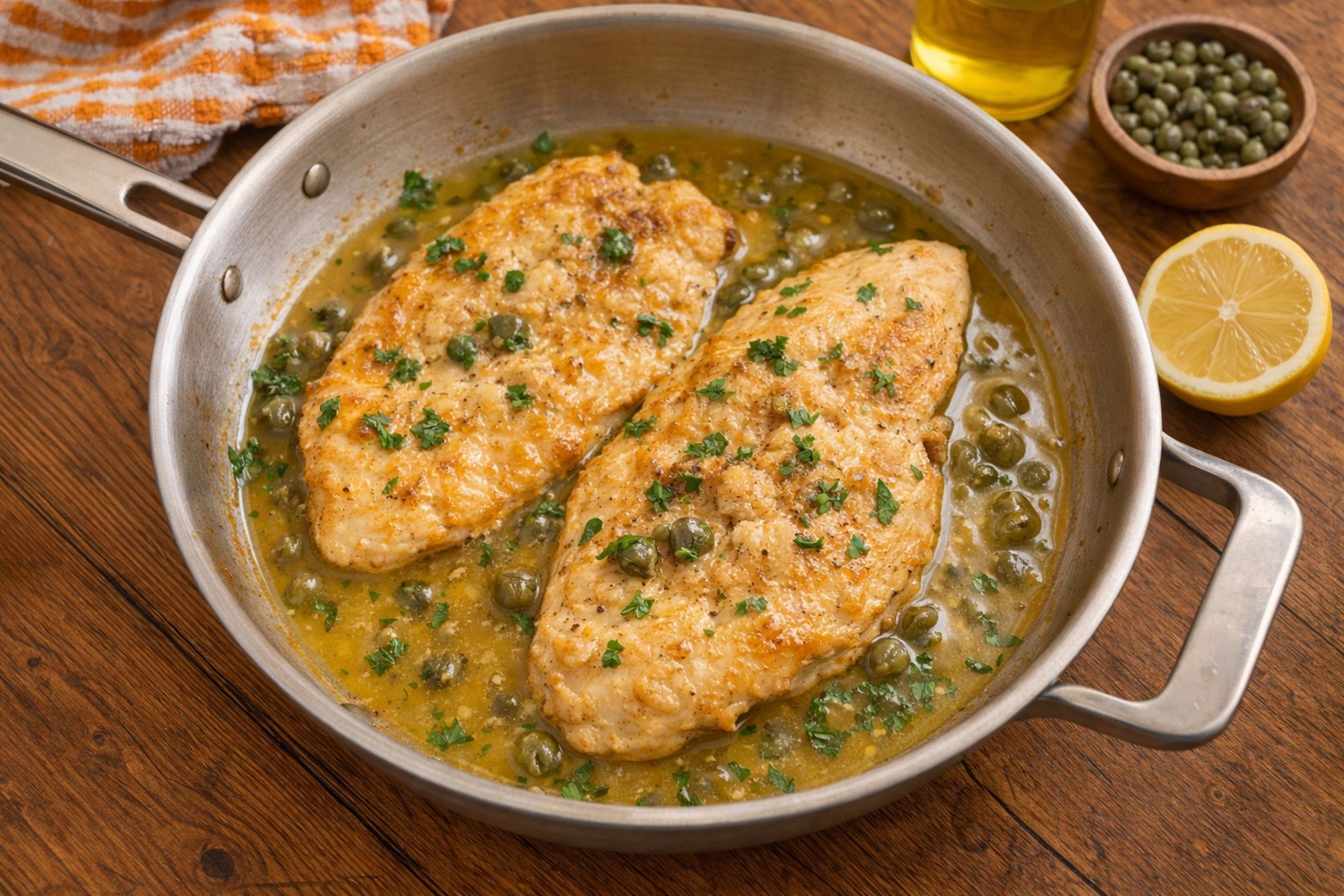 Golden seared Chicken Piccata in a stainless skillet, finished in a lemon–white wine butter sauce.