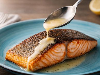 Pan-seared salmon with silky butter sauce being spooned over the top.