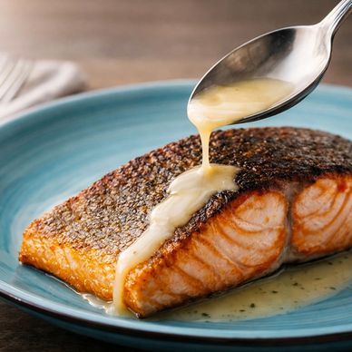 Pan-seared salmon with silky butter sauce being spooned over the top.