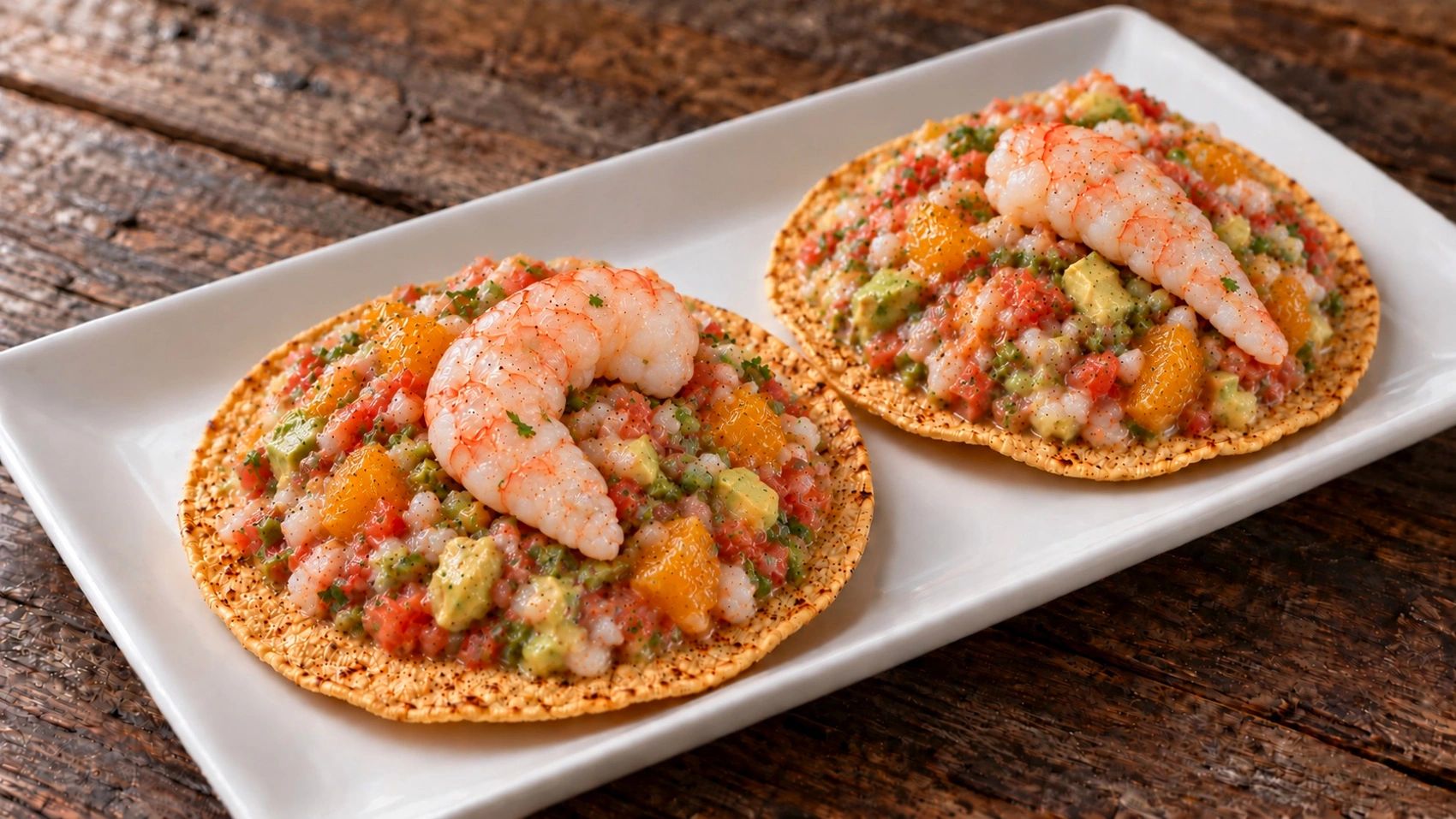 Shrimp tostadas with mandarin orange, avocado, tomato, and jalapeño, topped with poached shrimp.