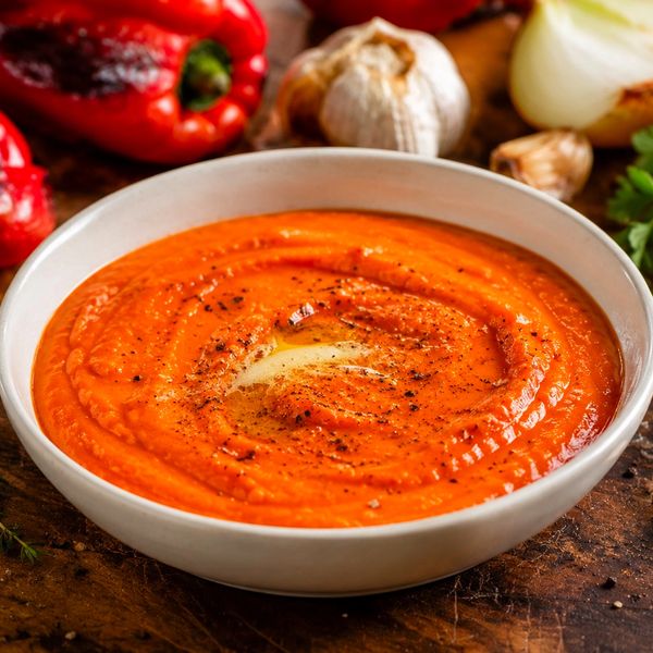 Silky roasted red pepper sauce made with roasted garlic, onion, chicken stock, and butter in a white