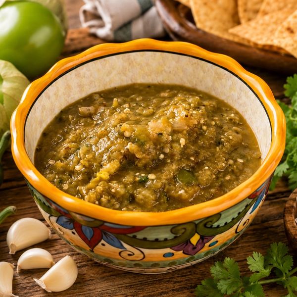 Bowl of roasted salsa verde in a decorative ceramic bowl.
