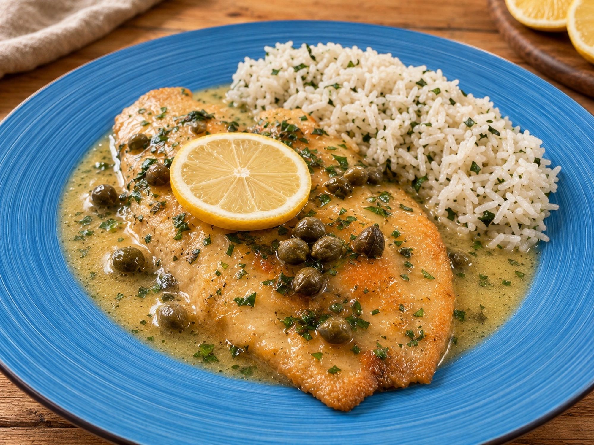 Golden pan-seared tilapia in lemon-caper piccata sauce with garlic butter rice.