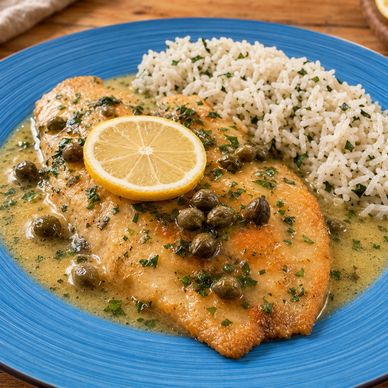 Golden pan-seared tilapia in lemon-caper piccata sauce with garlic butter rice.