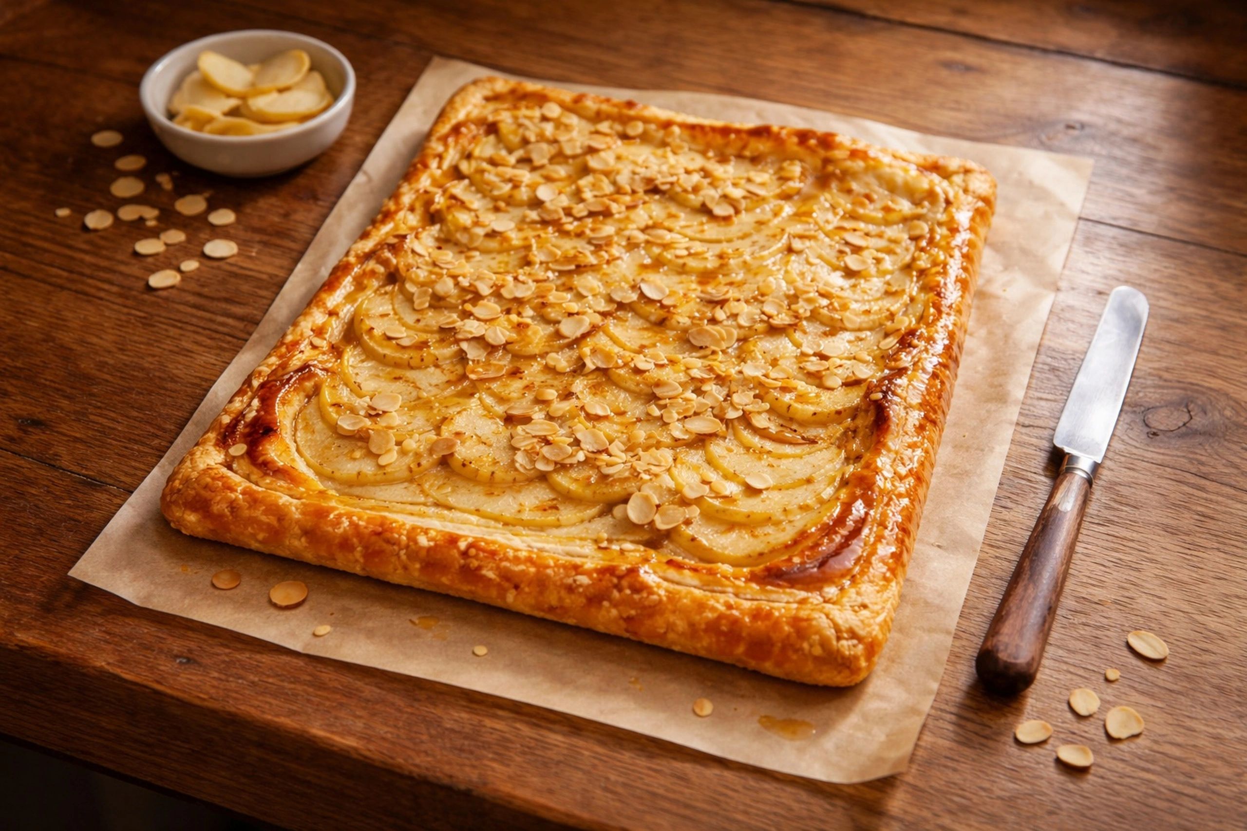 White wine poached pear and goat cheese puff pastry tart topped with sliced almonds on a rustic wood